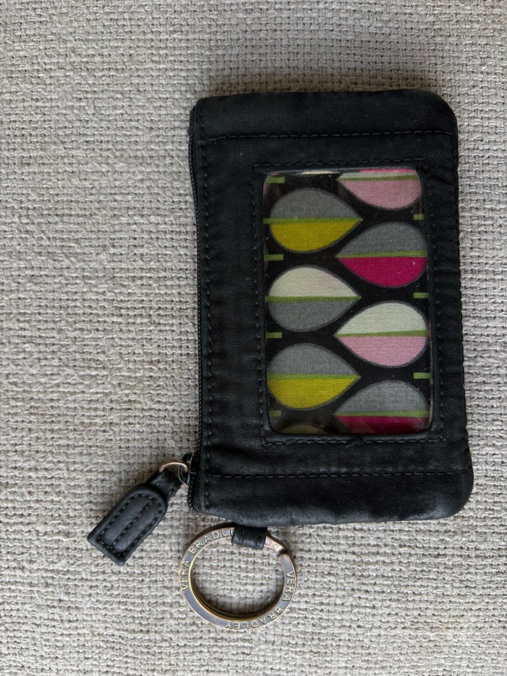 Vera Bradley Black ID Wallet with Pink and Yellow Leaf Motif Lanyard Wristlet
